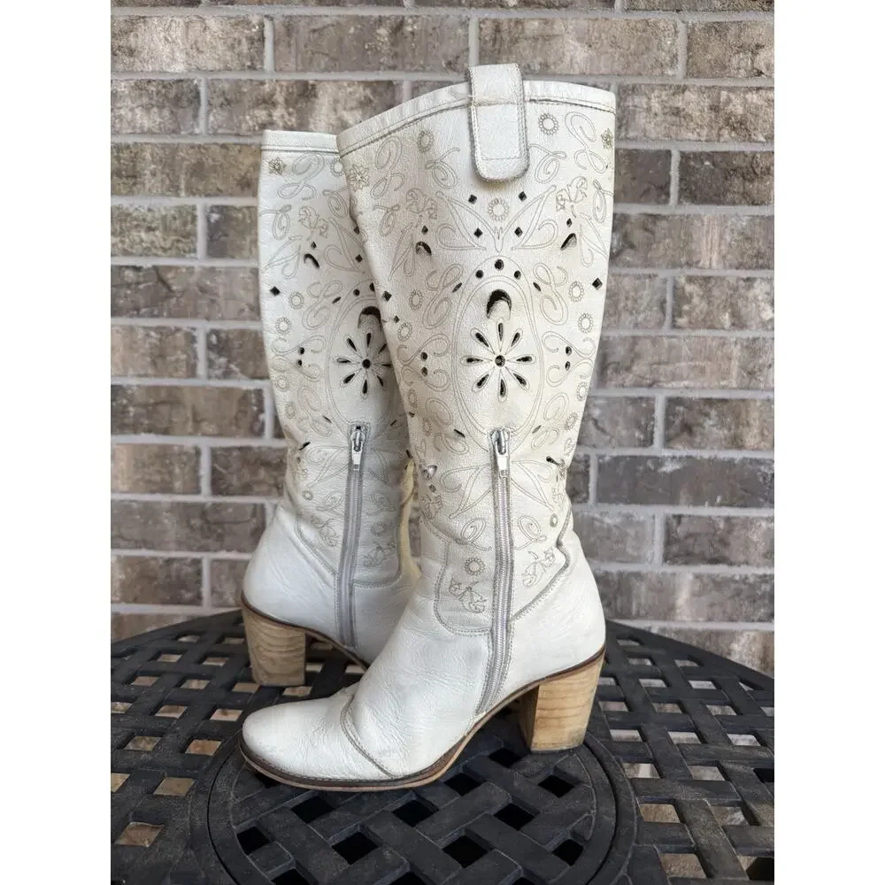 Vintage Ivory Cutout Celestial Cowboy Spanish Western Boots EU 38 / US 7.5